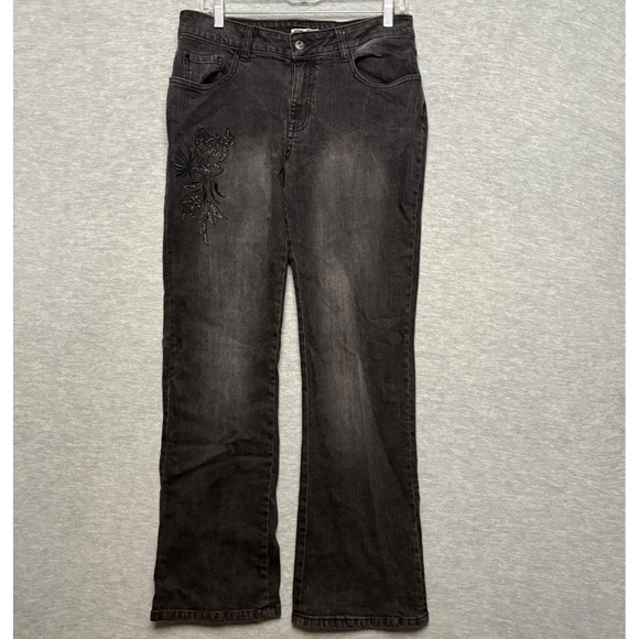 Faded Glory Womens Stretch Embroidered Jeans Sz 10 Goth Floral Black Boho Y2K - Picture 1 of 8